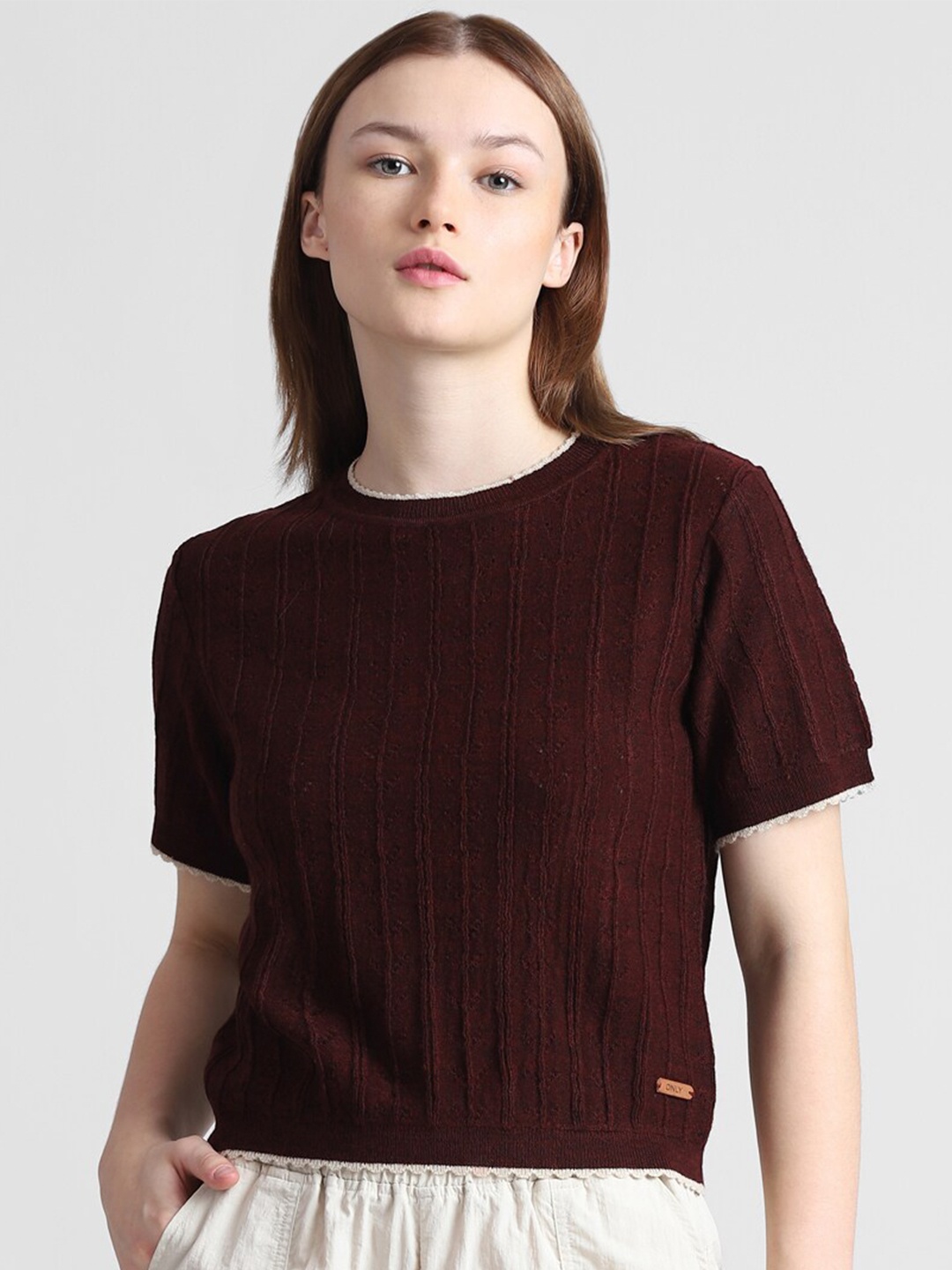 

ONLY Round Neck Self Design Top, Brown