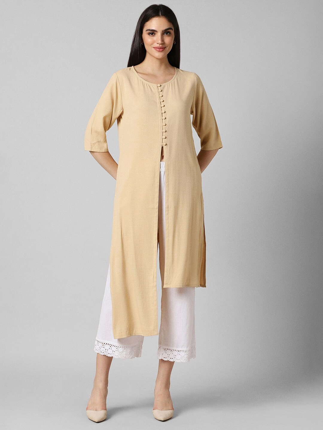 

Pantaloons Round Neck Three-Quarter Sleeves Kurta, Beige