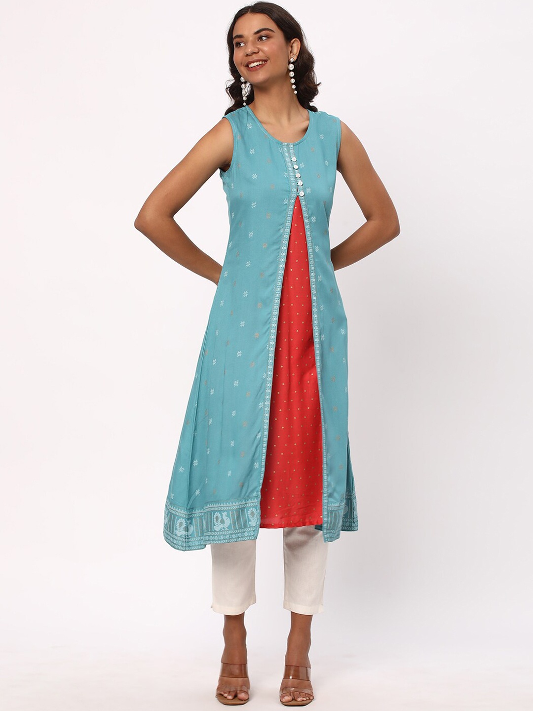 

R&B Floral Printed Sleeveless A-Line Kurta, Blue