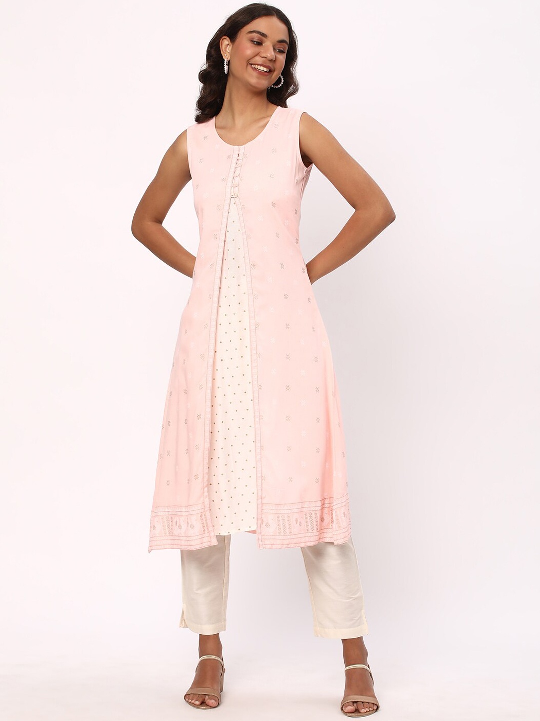 

R&B Floral Printed Sleeveless A-Line Kurta, Pink