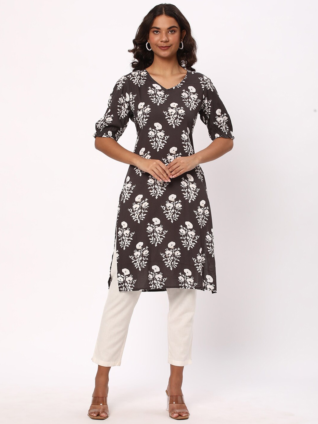 

R&B Floral Printed Straight Kurta, Grey