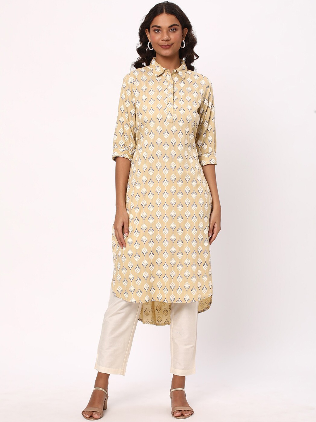 

R&B Floral Printed Shirt Collar High-Low Hem Kurta, Beige