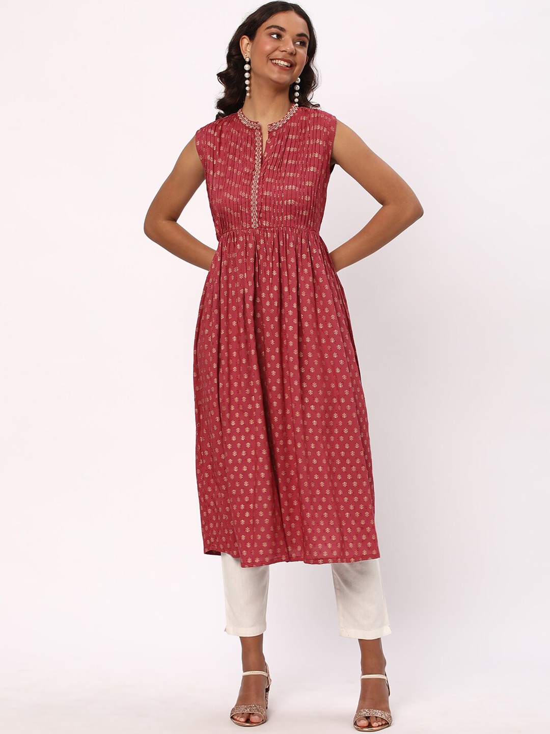

R&B Floral Printed Mandarin Collar with Pintecks Anarkali Kurta, Red