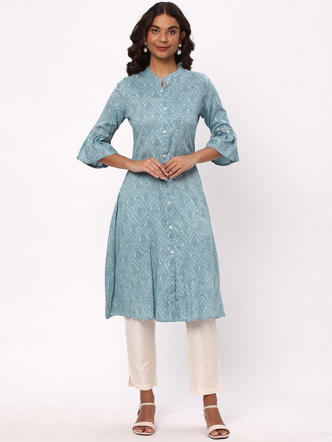 

R&B Ethnic Motif Printed Mandarin Collar A-Line Kurta, Blue