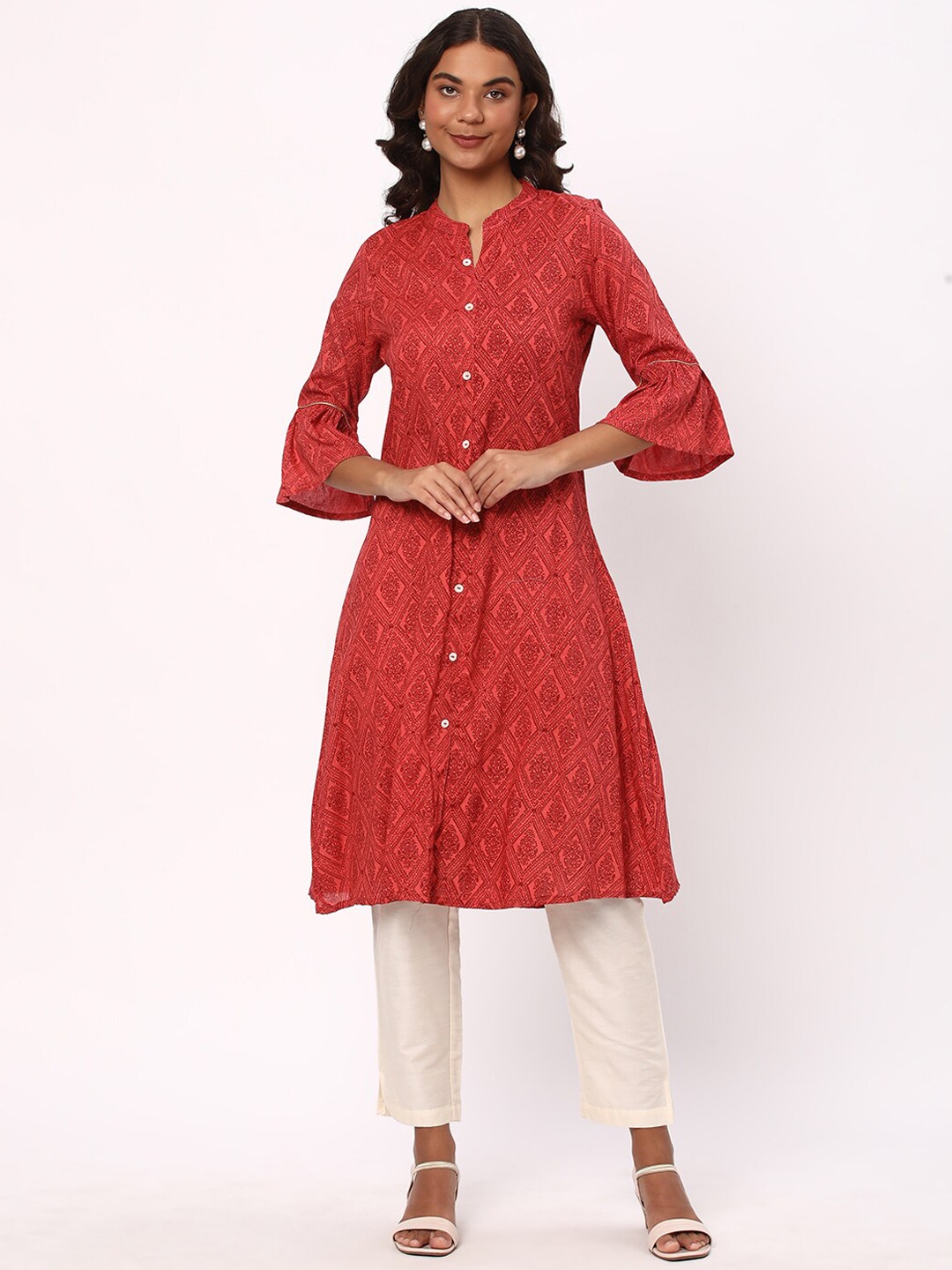 

R&B Ethnic Motif Printed Mandarin Collar A-Line Kurta, Red