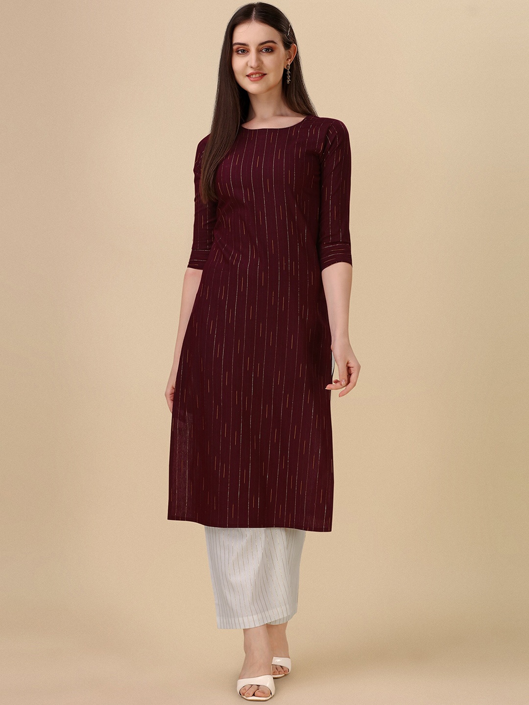 

Wedani Striped Straight Cotton Kurta, Maroon
