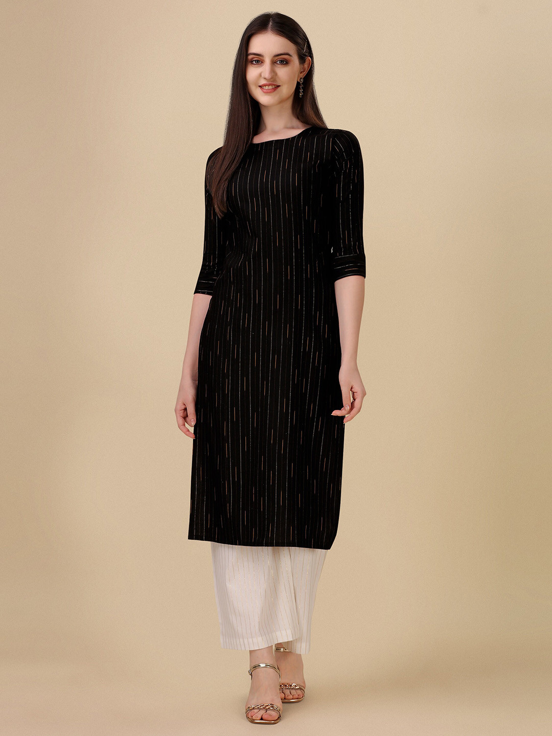

Wedani Striped Cotton Straight Kurta, Black