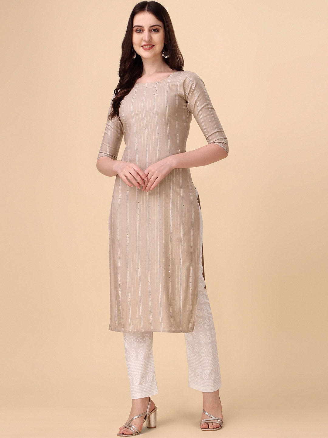 

Wedani Striped Round Neck Sequined Cotton Straight Kurta, Beige