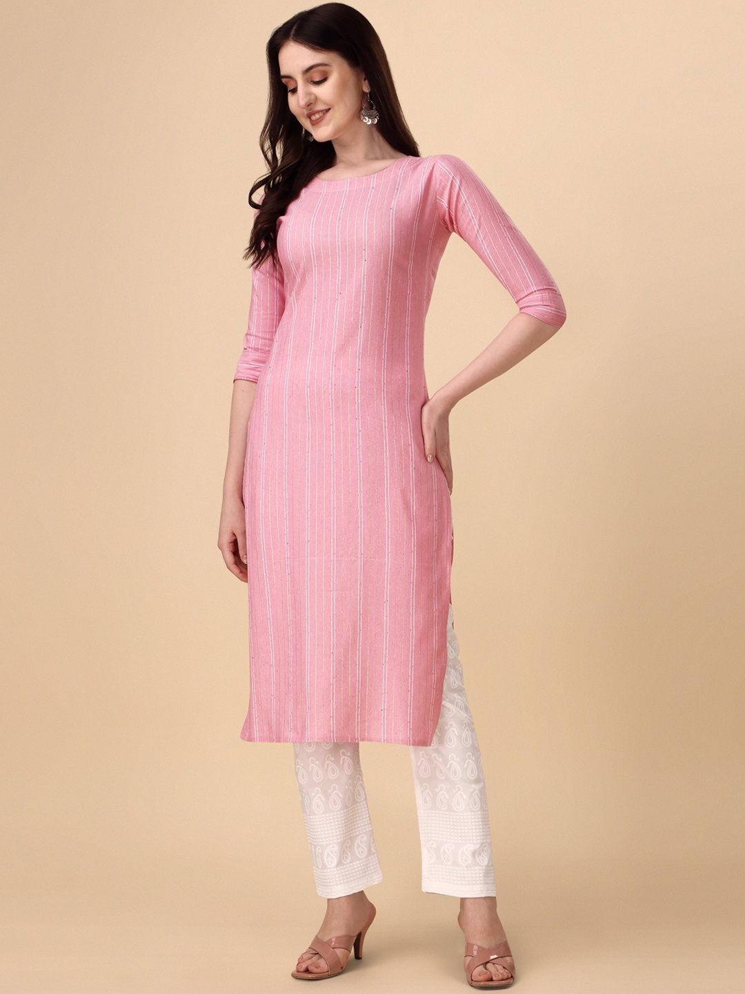

Wedani Striped Pure Cotton Straight Kurta, Pink