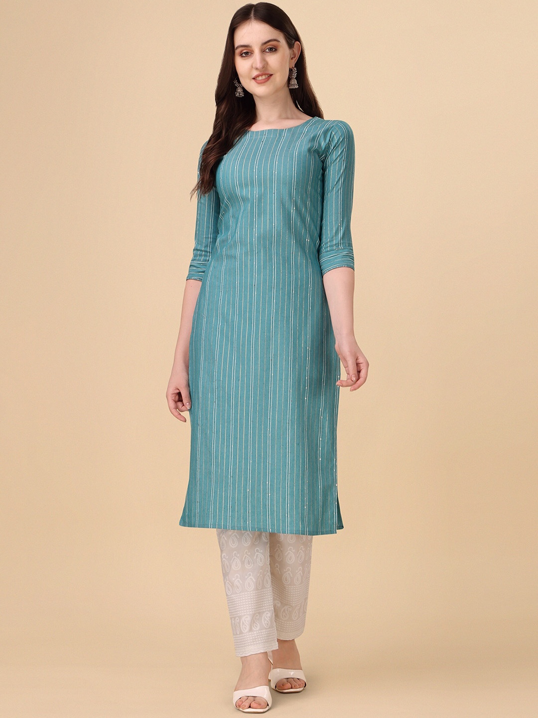 

Wedani Striped Round Neck Cotton Straight Kurta, Turquoise blue
