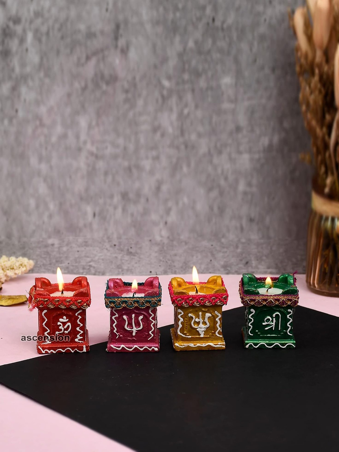 Ascension Rose & Yellow 4 Pieces Textured Decorative Festive Candle Deepak Holders