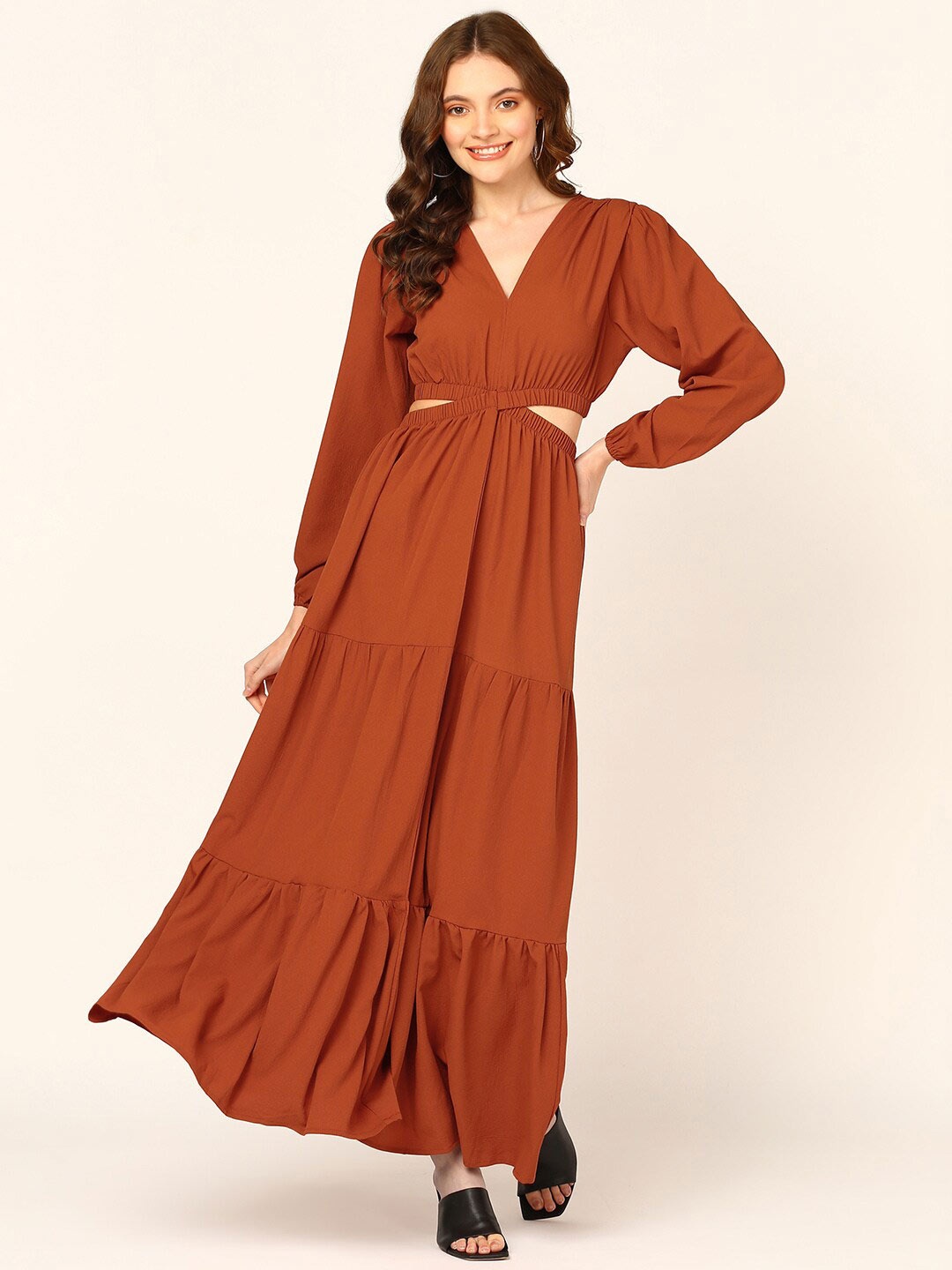 

Mast & Harbour Puff Sleeves Cut-Outs Tiered Crepe Maxi Dress, Rust