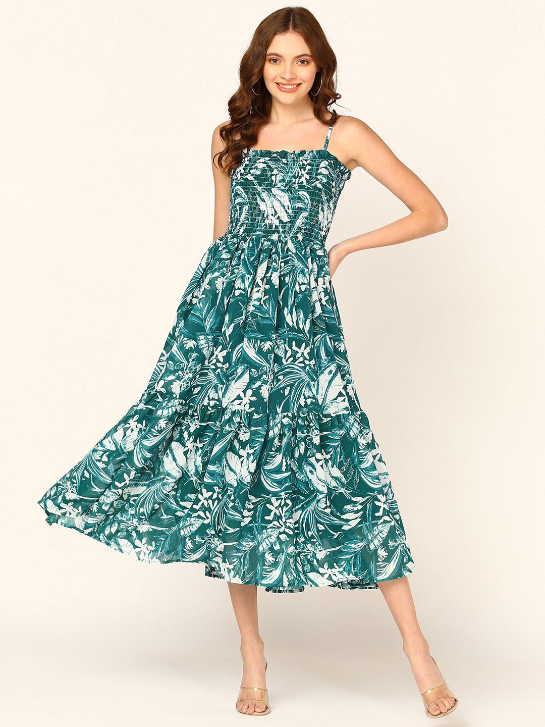 

Mast & Harbour Tropical Printed Smocked Tiered Georgette Fit & Flare Midi Dress, Green