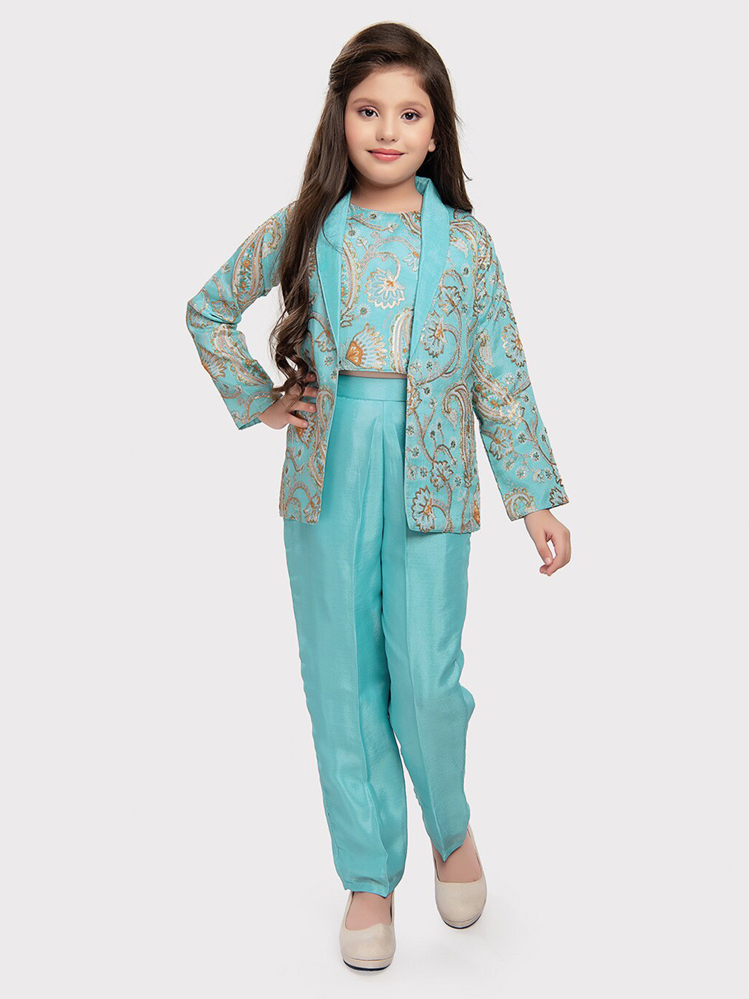 

Tiny Kingdom Girls Printed Top with Trousers & Jacket, Blue