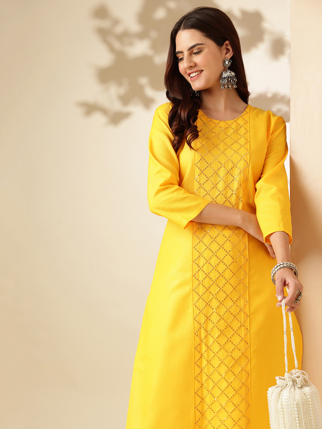 

Anouk Yellow Ethnic Motif Embroidered Regular Sequinned Straight Kurta with Trousers