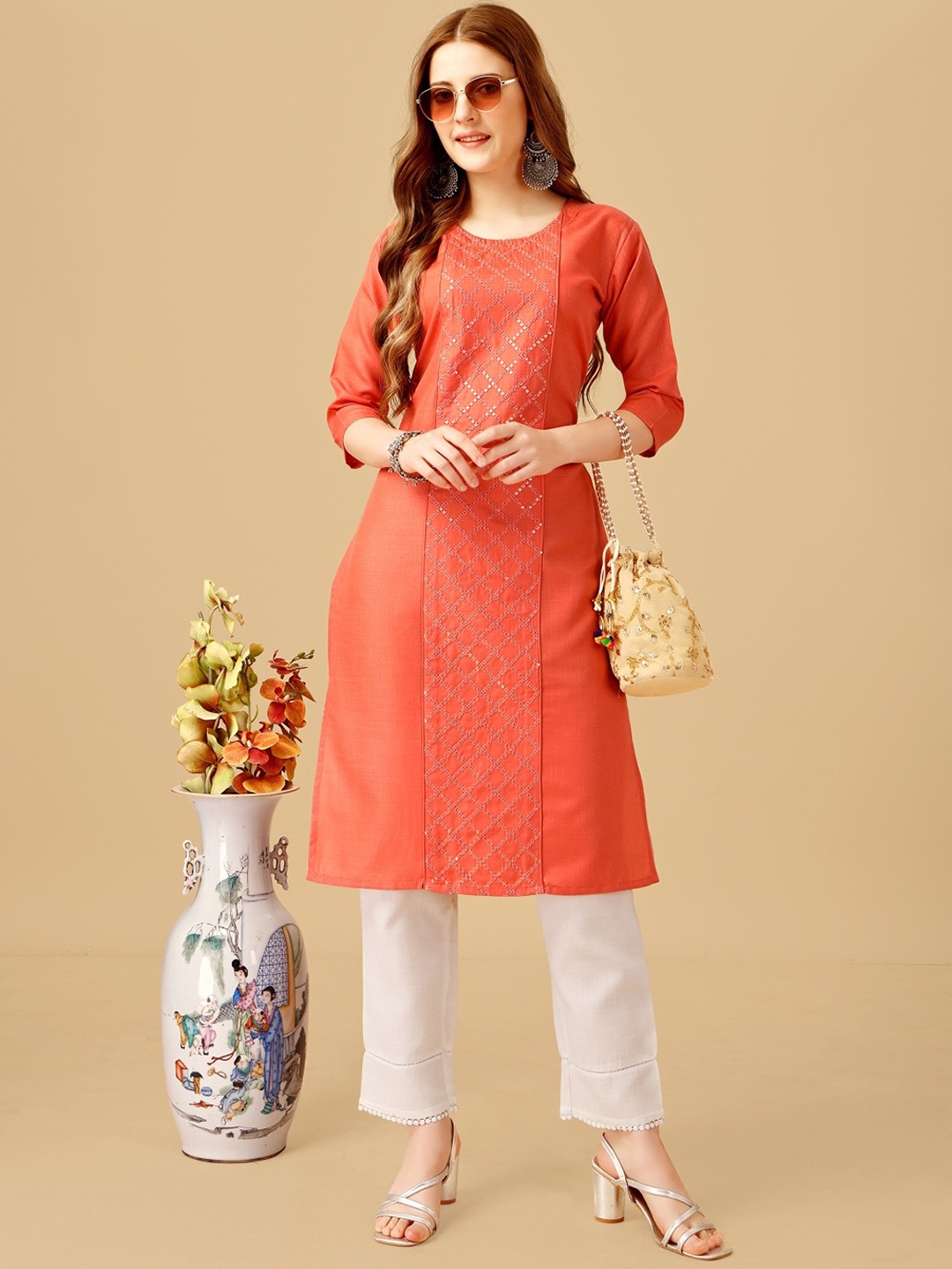 

Anouk Ethnic Motifs Embroidered Regular Sequinned Kurta with Trousers, Coral