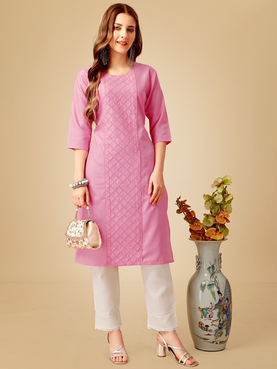 

Anouk Ethnic Motifs Embroidered Regular Kurta with Trousers, Pink