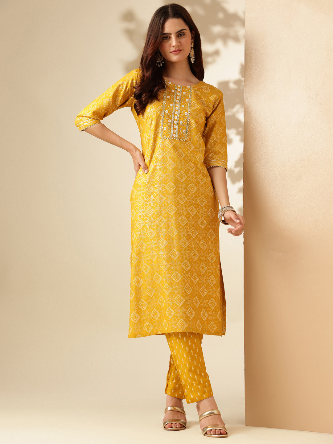 

Anouk Ethnic Motifs Printed Regular Thread Work Kurta with Trousers, Yellow