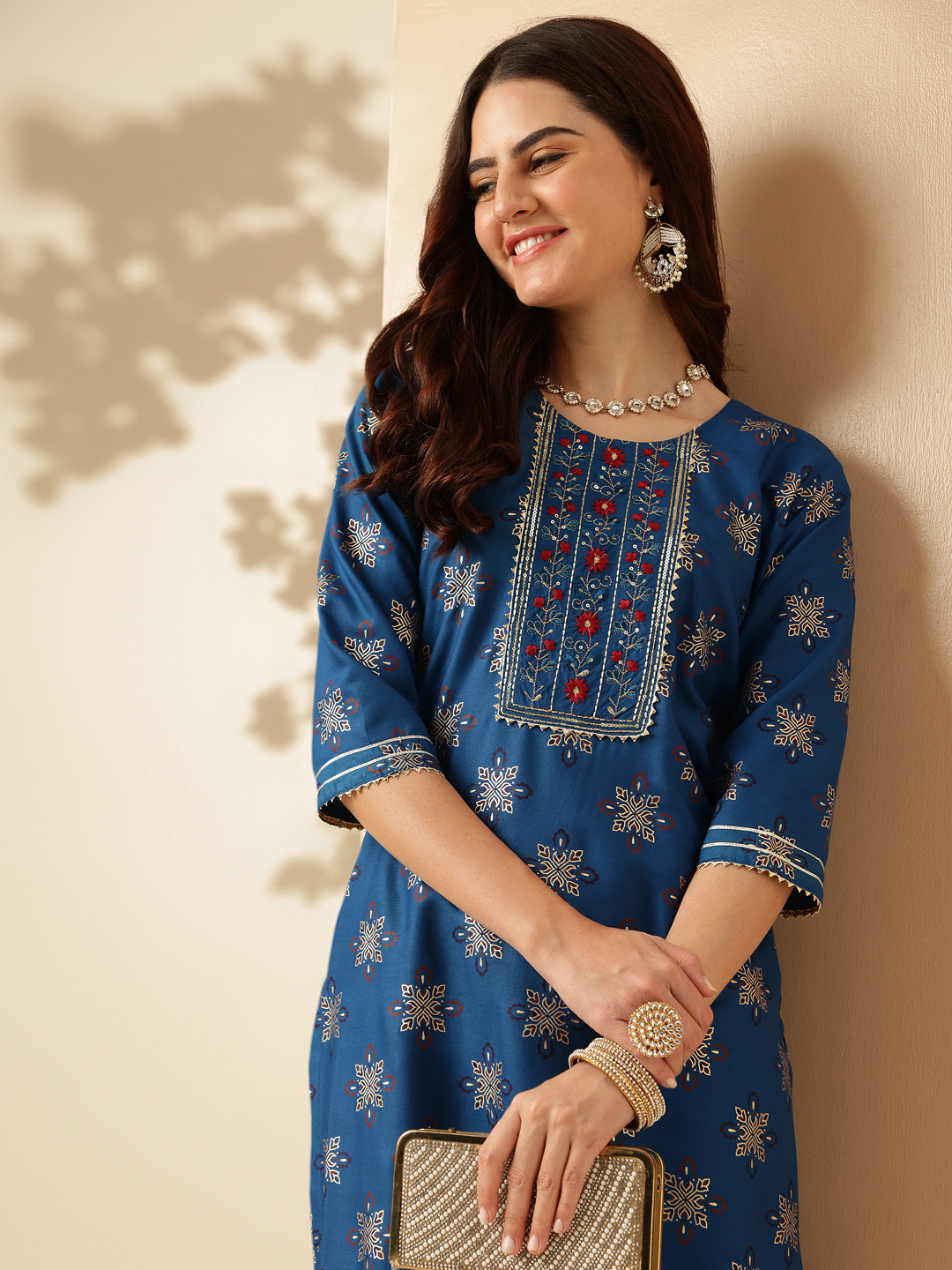 

Anouk Ethnic Motifs Printed Regular Thread Work Kurta With Trousers, Navy blue