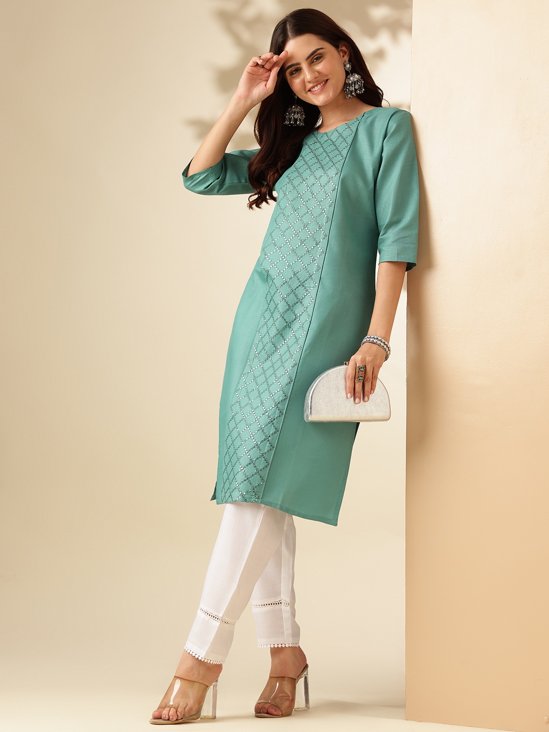 

Anouk Teal Ethnic Motif Embroidered Regular Sequinned Straight Kurta with Trousers