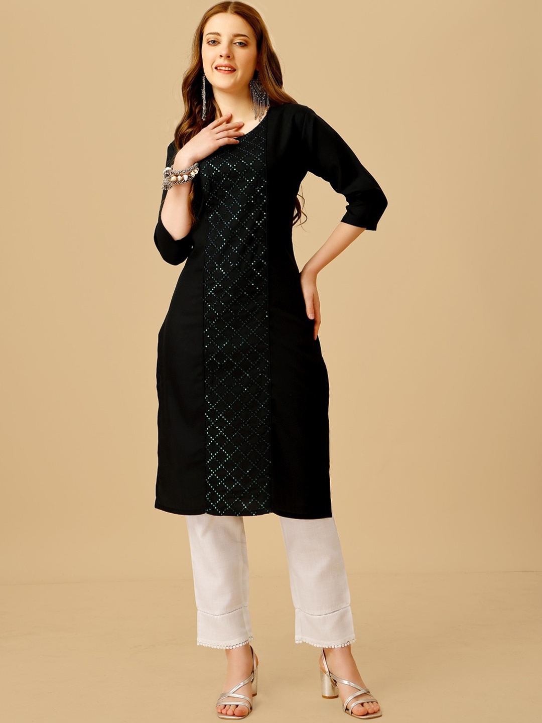 

Anouk Black Ethnic Motif Embroidered Regular Sequinned Straight Kurta with Trousers