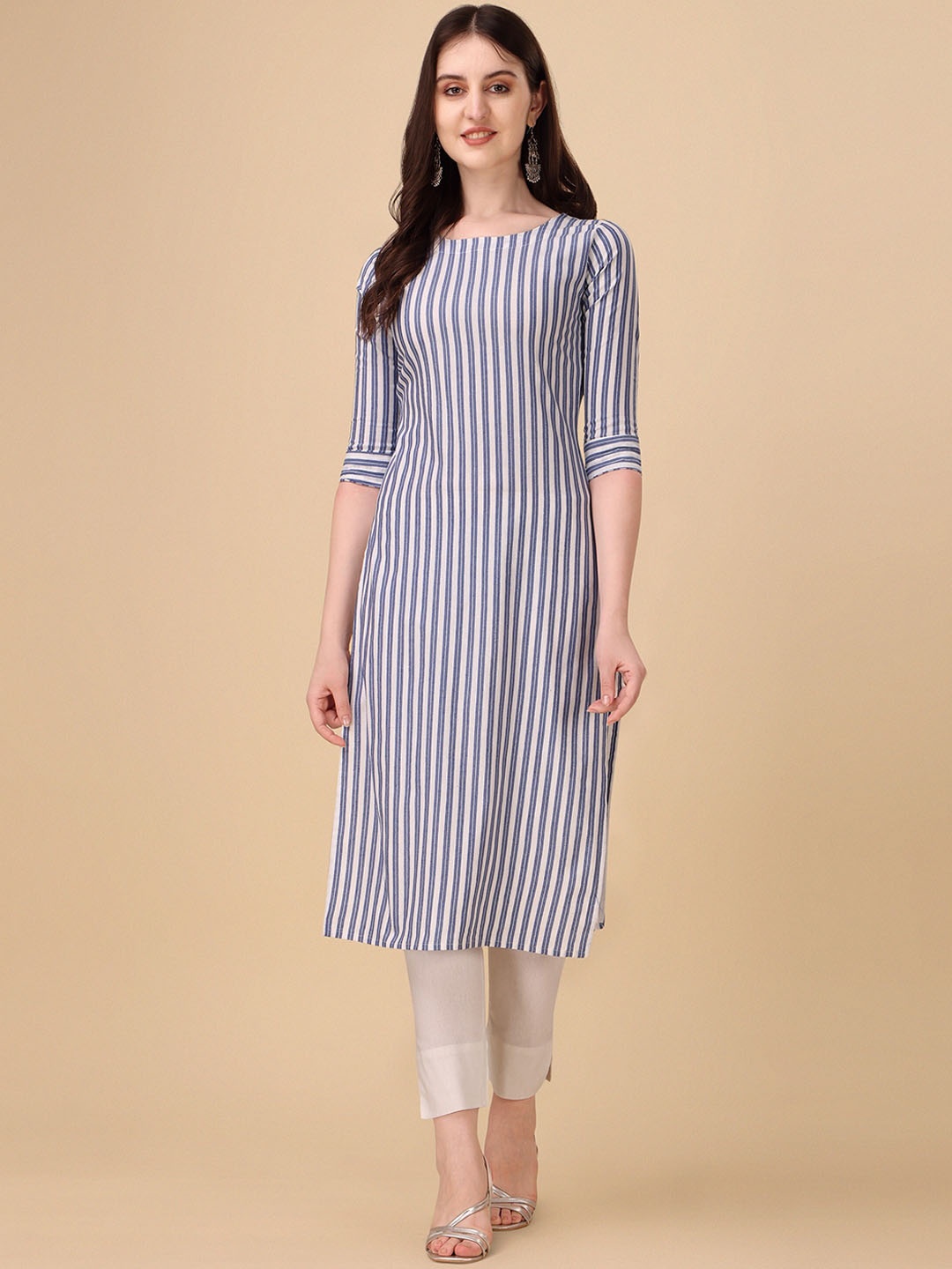 

Wedani Striped Round Neck Cotton Straight Kurta, Blue