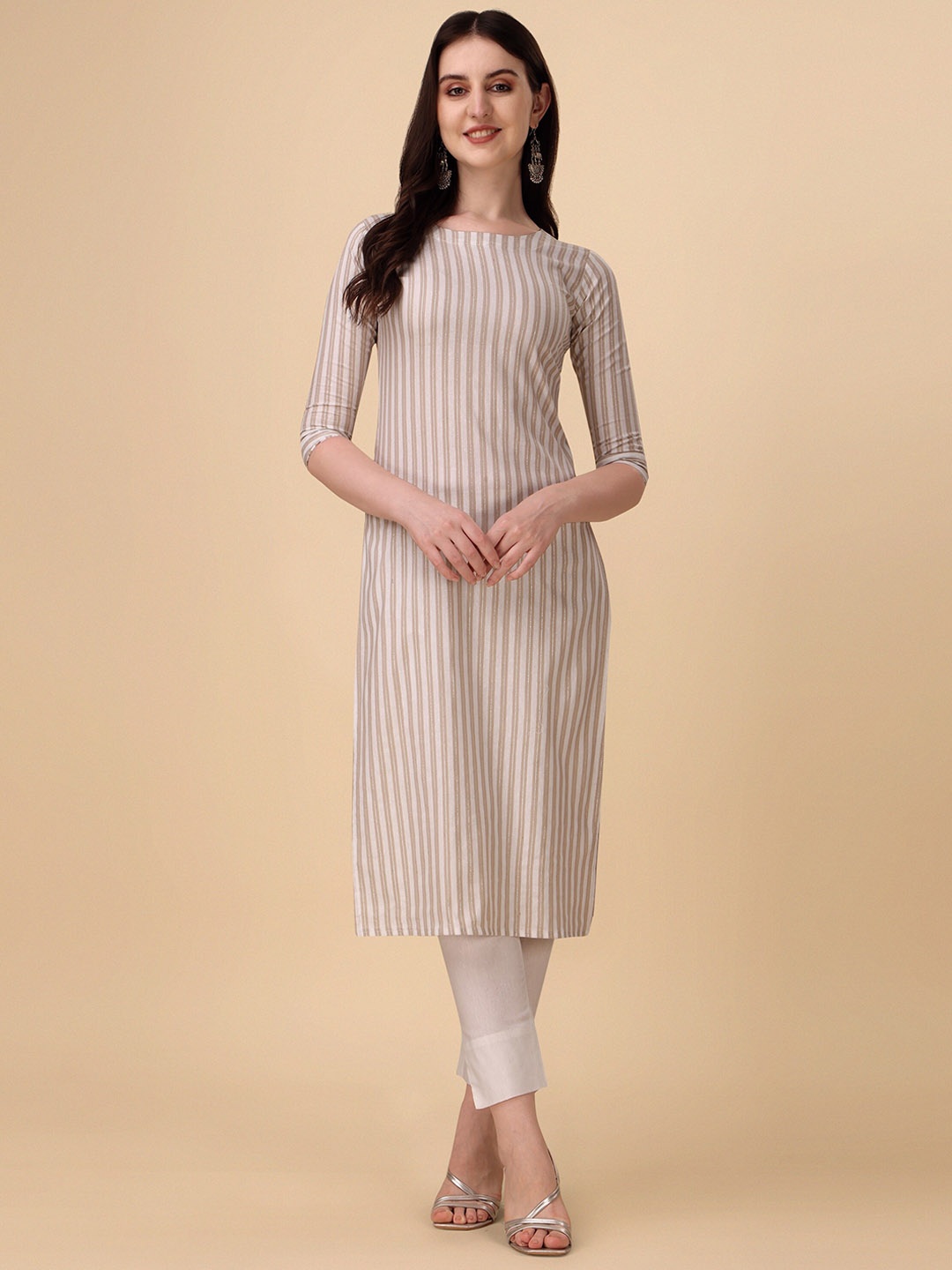 

Wedani Striped Round Neck Cotton Kurta, Beige