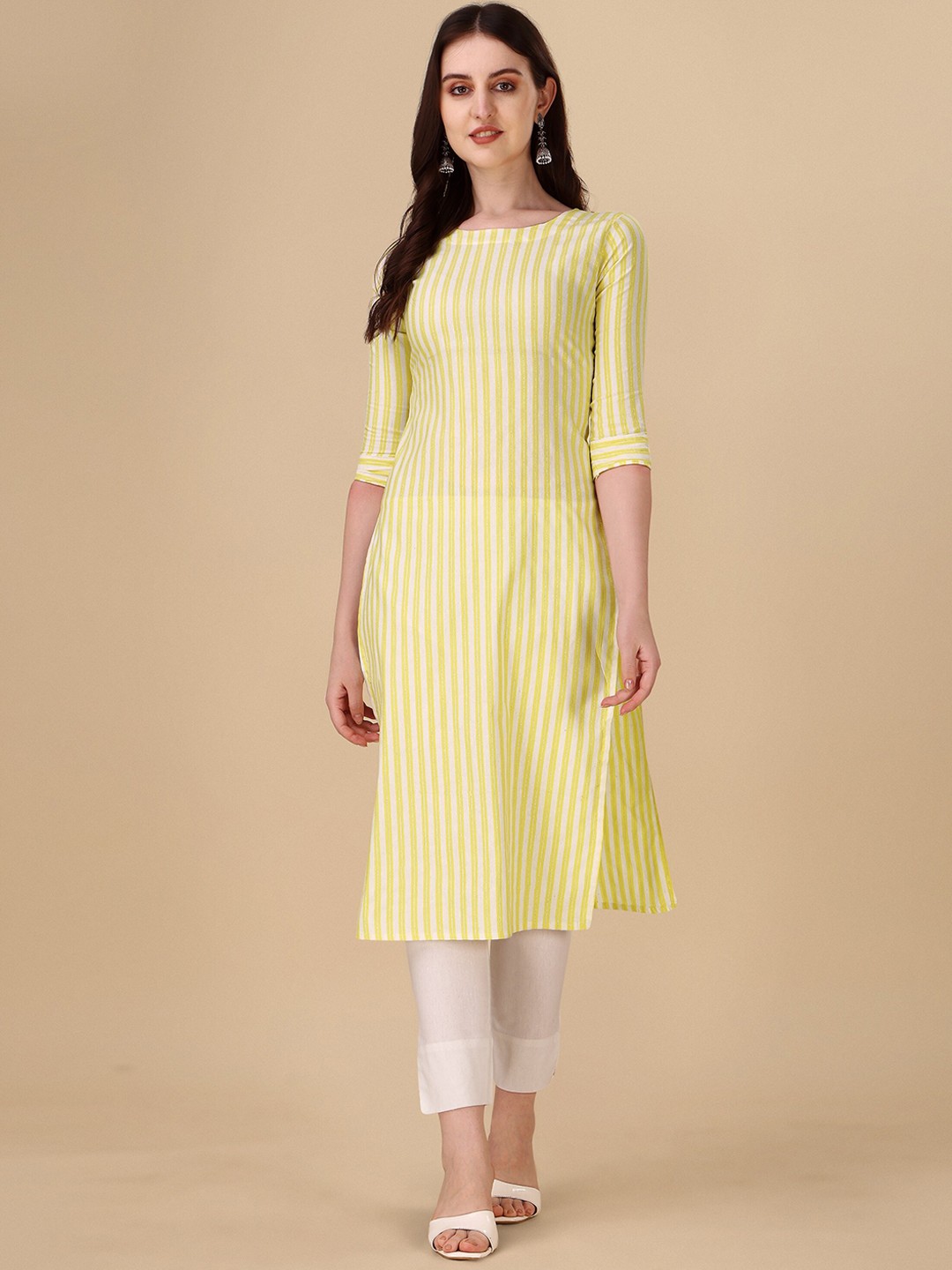 

Wedani Striped Round Neck Cotton Straight Kurta, Yellow