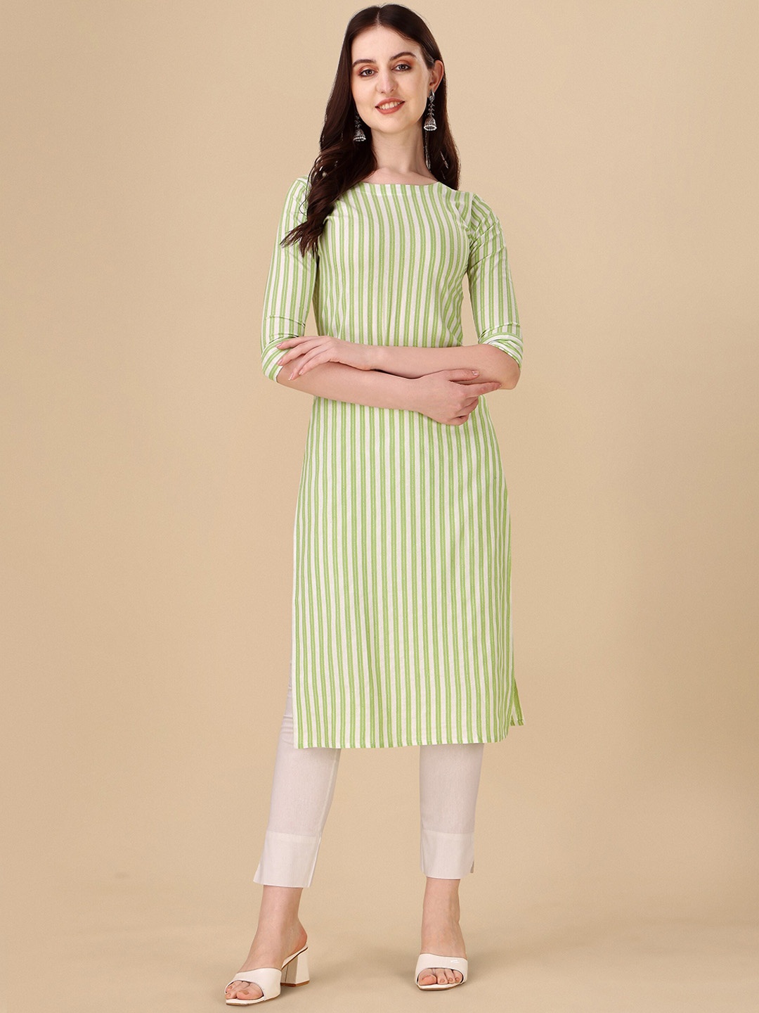 

Wedani Striped Round Neck Cotton Straight Kurta, Green