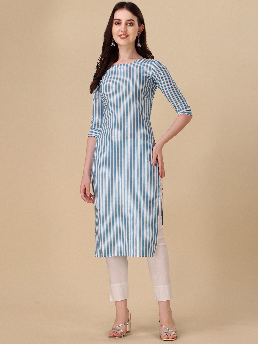 

Wedani Striped Cotton Straight Kurta, Blue