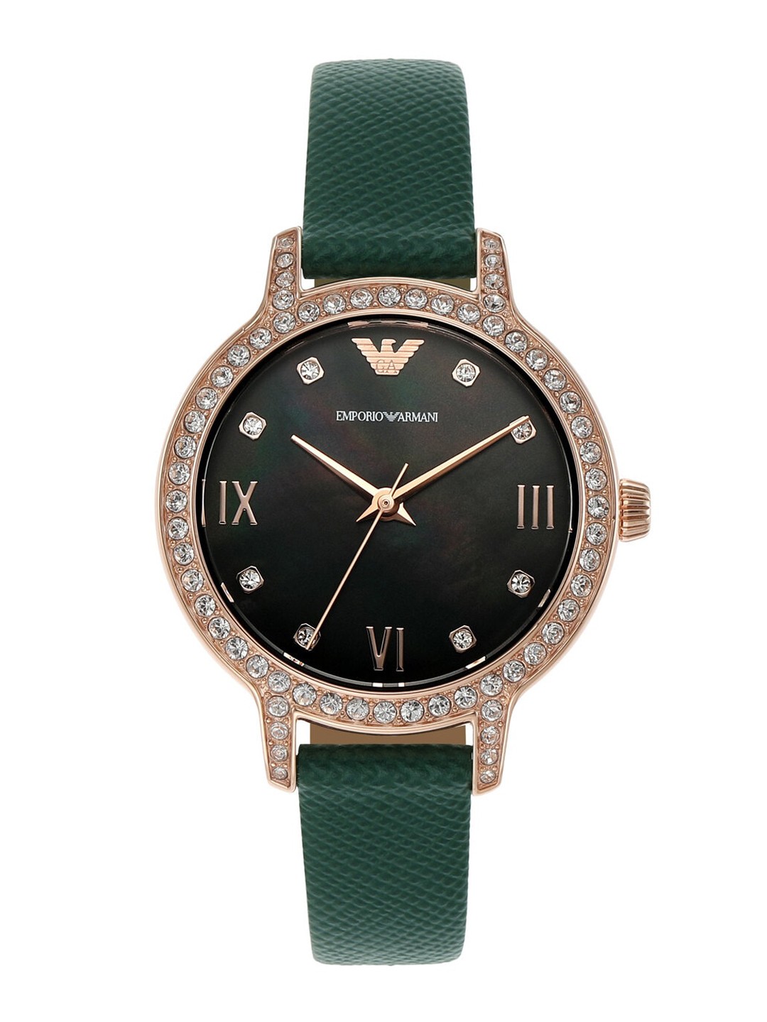 

Emporio Armani Women Embellished Dial Leather Straps Analogue Watch AR11577, Green