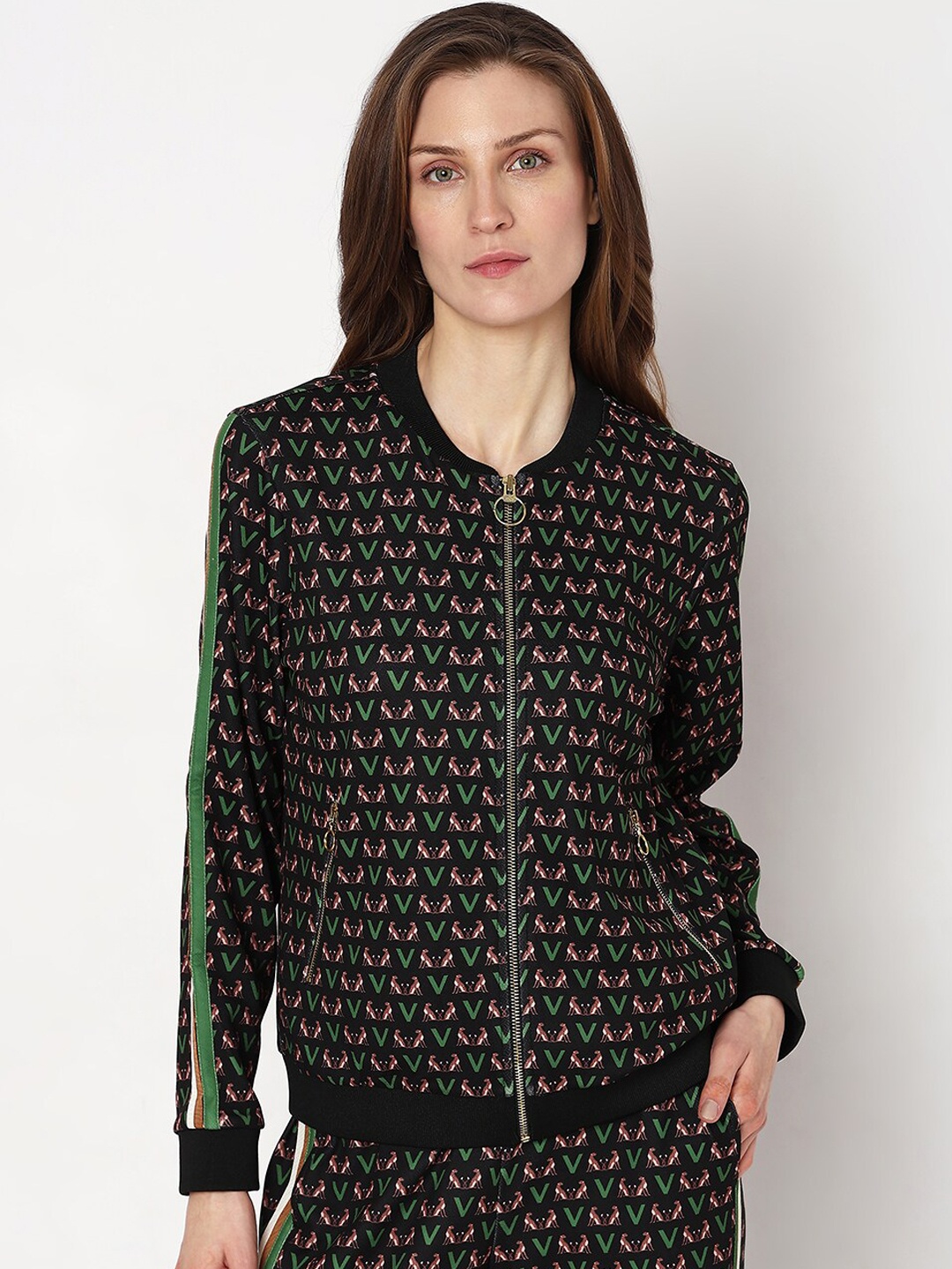 

Vero Moda Stand Collar Brand Logo Printed Lightweight Bomber Jacket, Black