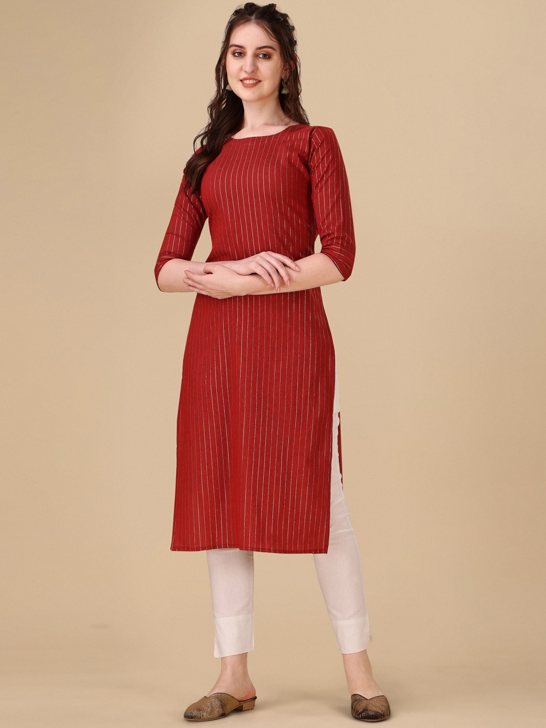 

Wedani Striped Round Neck Cotton Kurta, Red