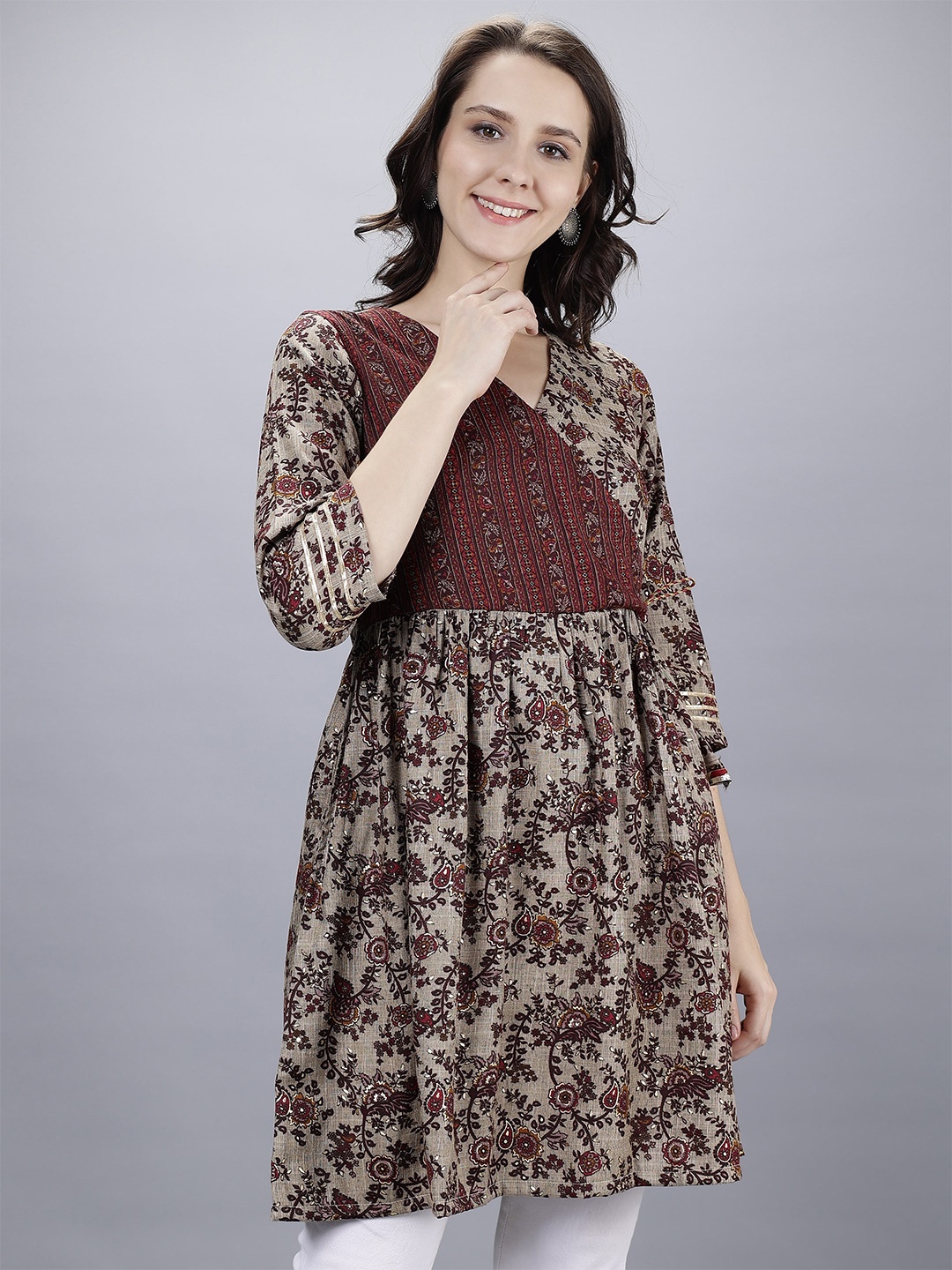 

Cot'N Soft Floral Printed V-Neck Gotta Patti Pure Cotton Thread Work Angrakha Kurti, Maroon