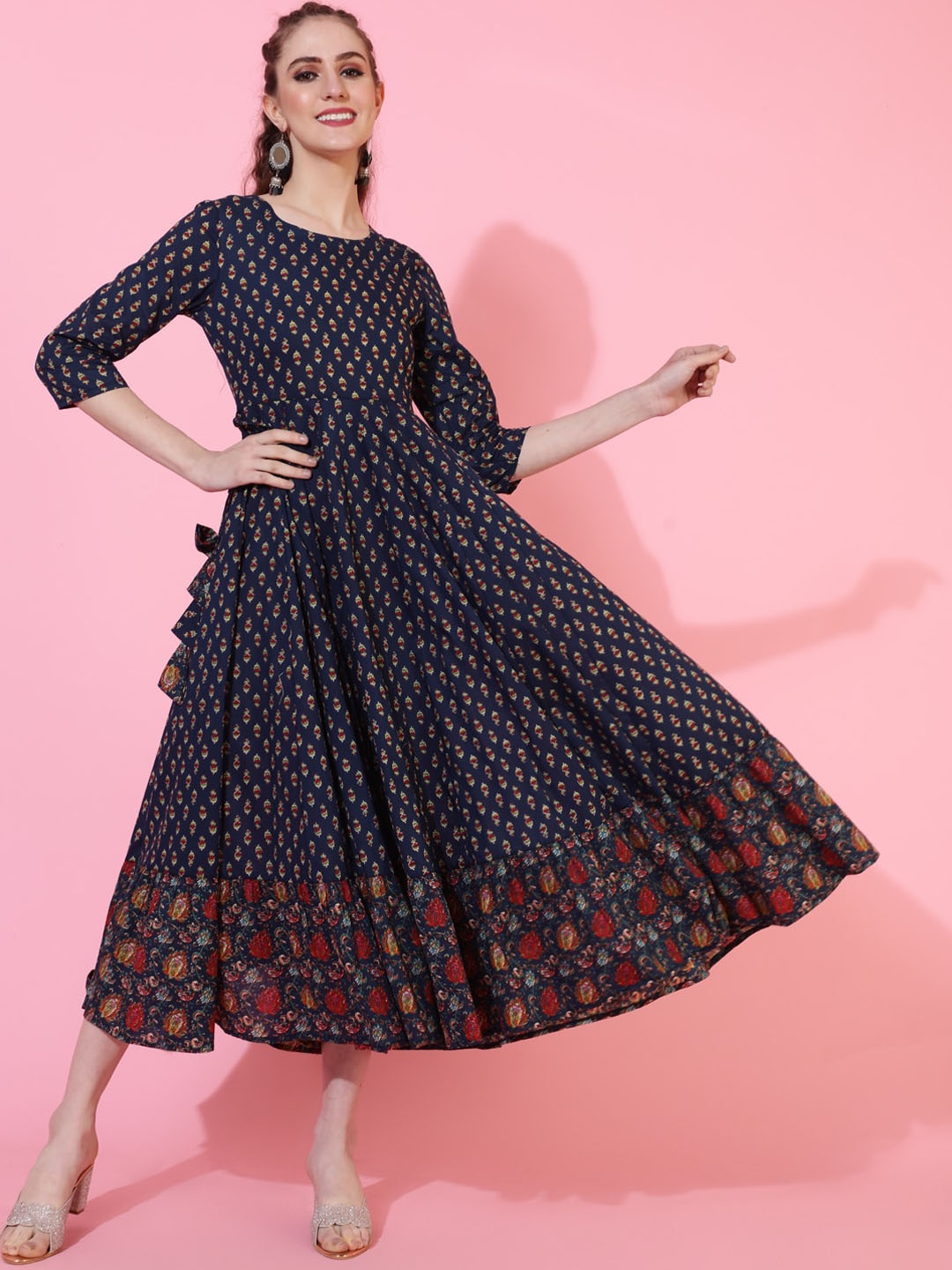 

KIMAYRA Ethnic Motifs Printed Fit and Flare Midi Ethnic Dresse, Navy blue