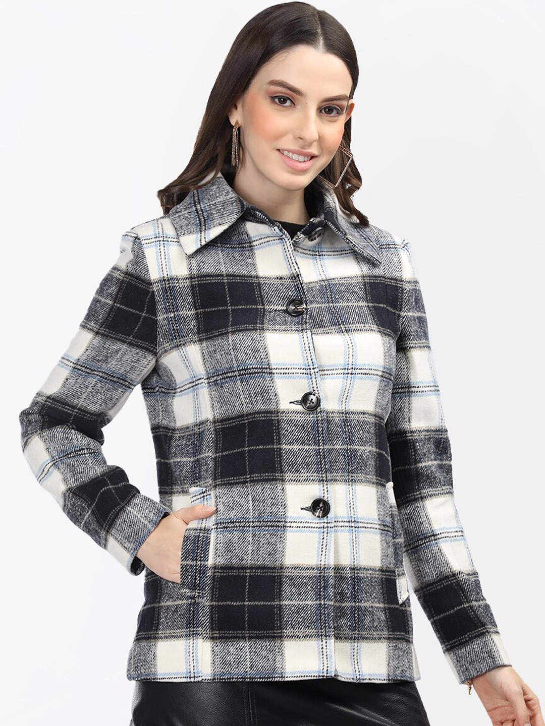 

Dlanxa Checked Spread Collar Long Sleeves Wool Overcoat, Black