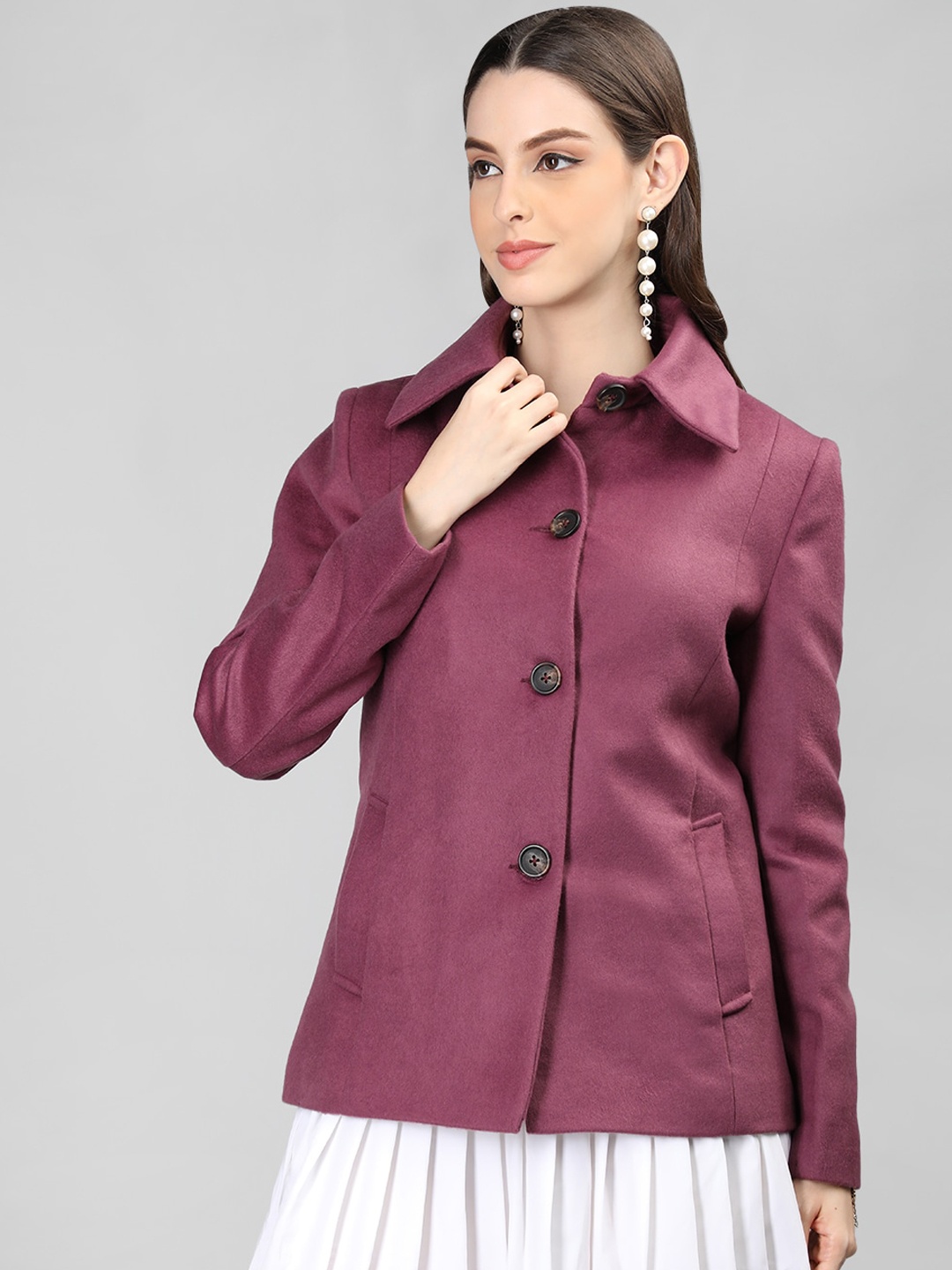 

Dlanxa Self Design Single Breasted Woollen Overcoat, Purple