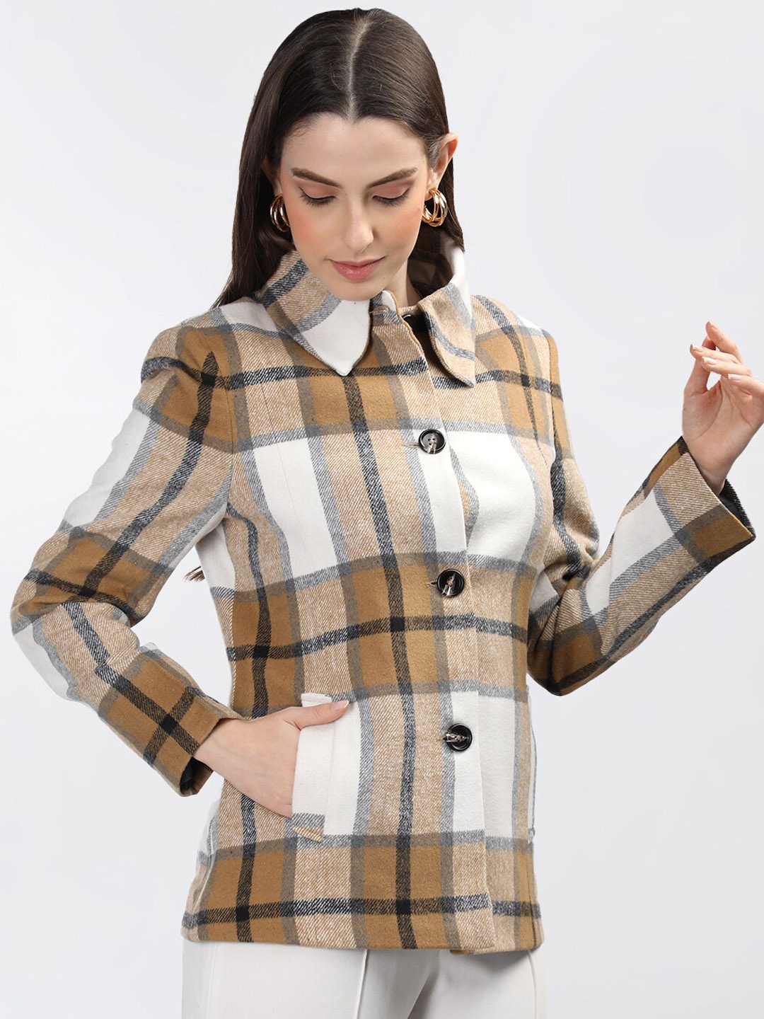 

Dlanxa Checked Single-Breasted Spread-Collar Woollen Overcoat, Camel brown