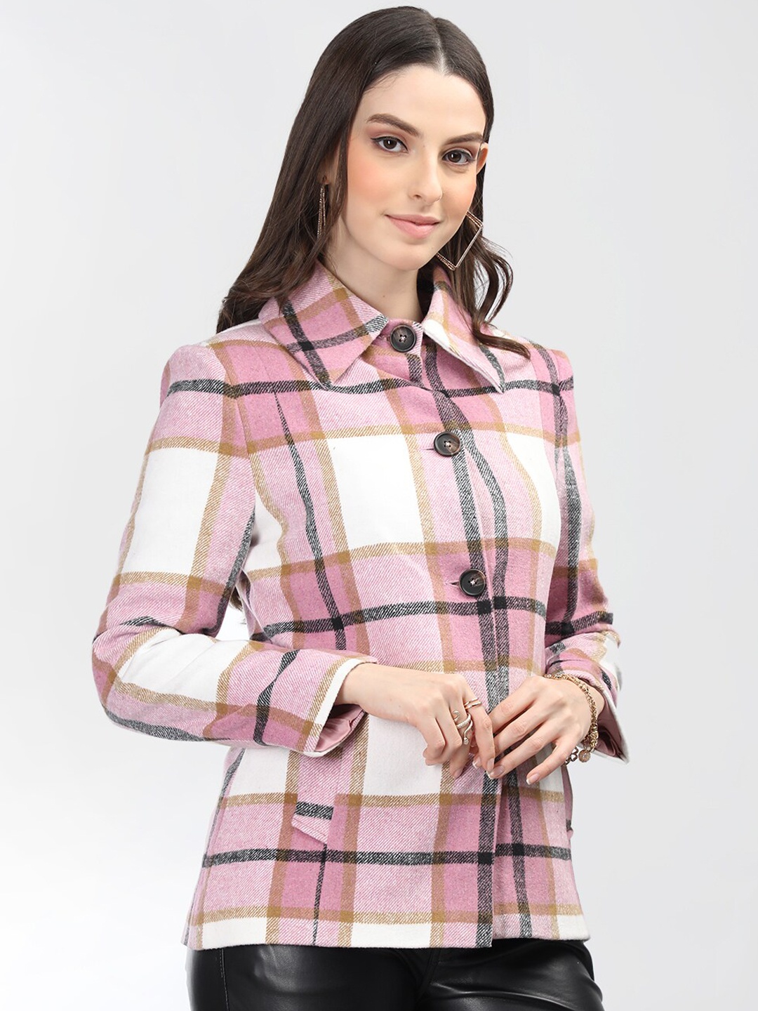 

Dlanxa Checked Spread Collar Single Breasted Woollen Overcoat, Pink