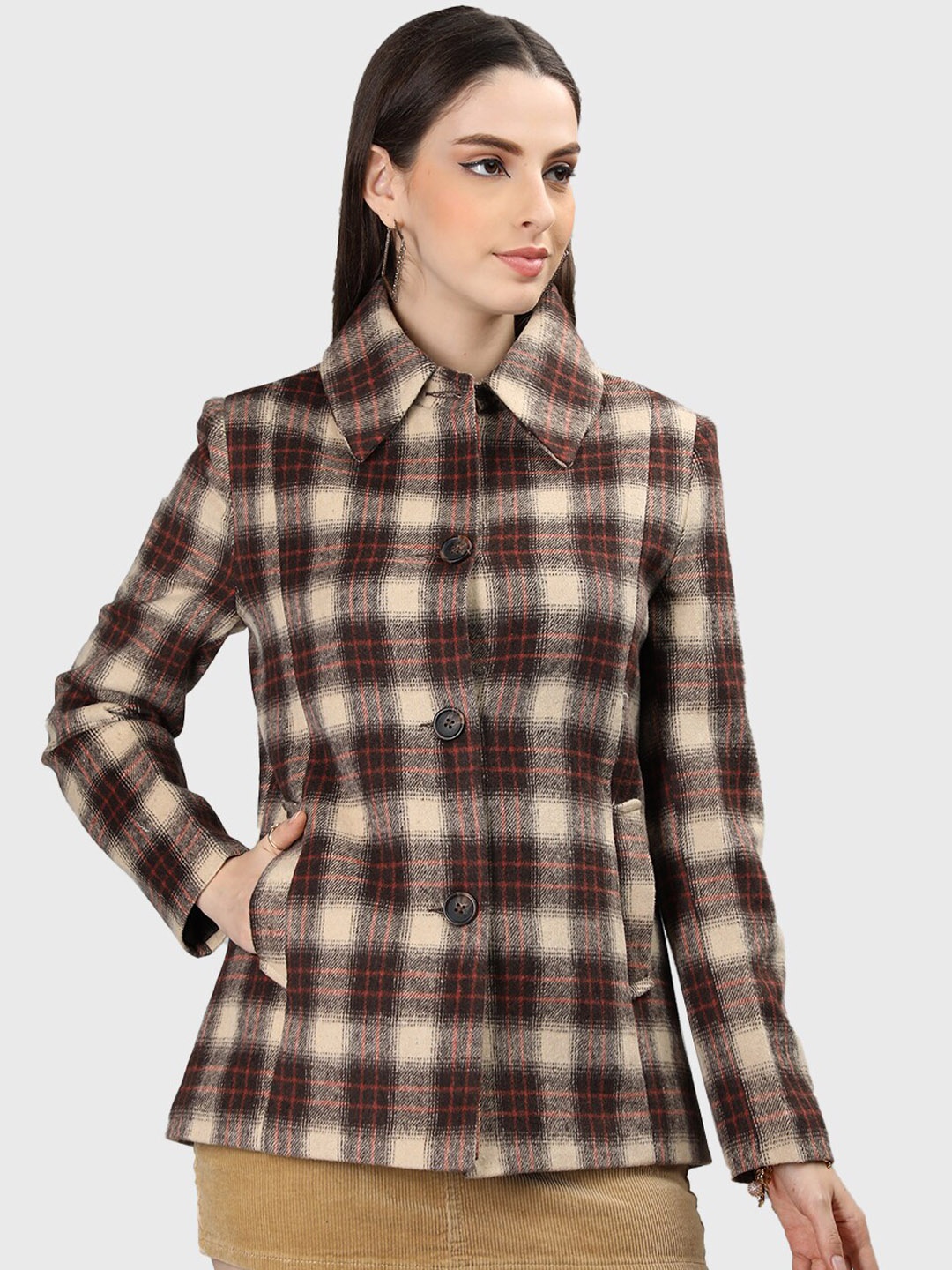 

Dlanxa Checked Spread Collar Long Sleeves Wool Overcoat, Beige