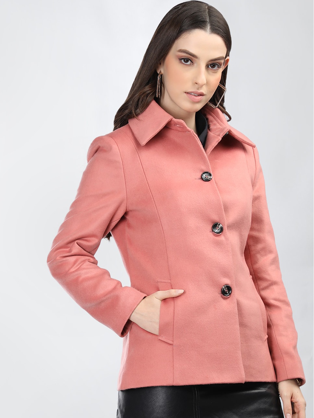 

Dlanxa Self Design Single Breasted Woollen Overcoat, Peach