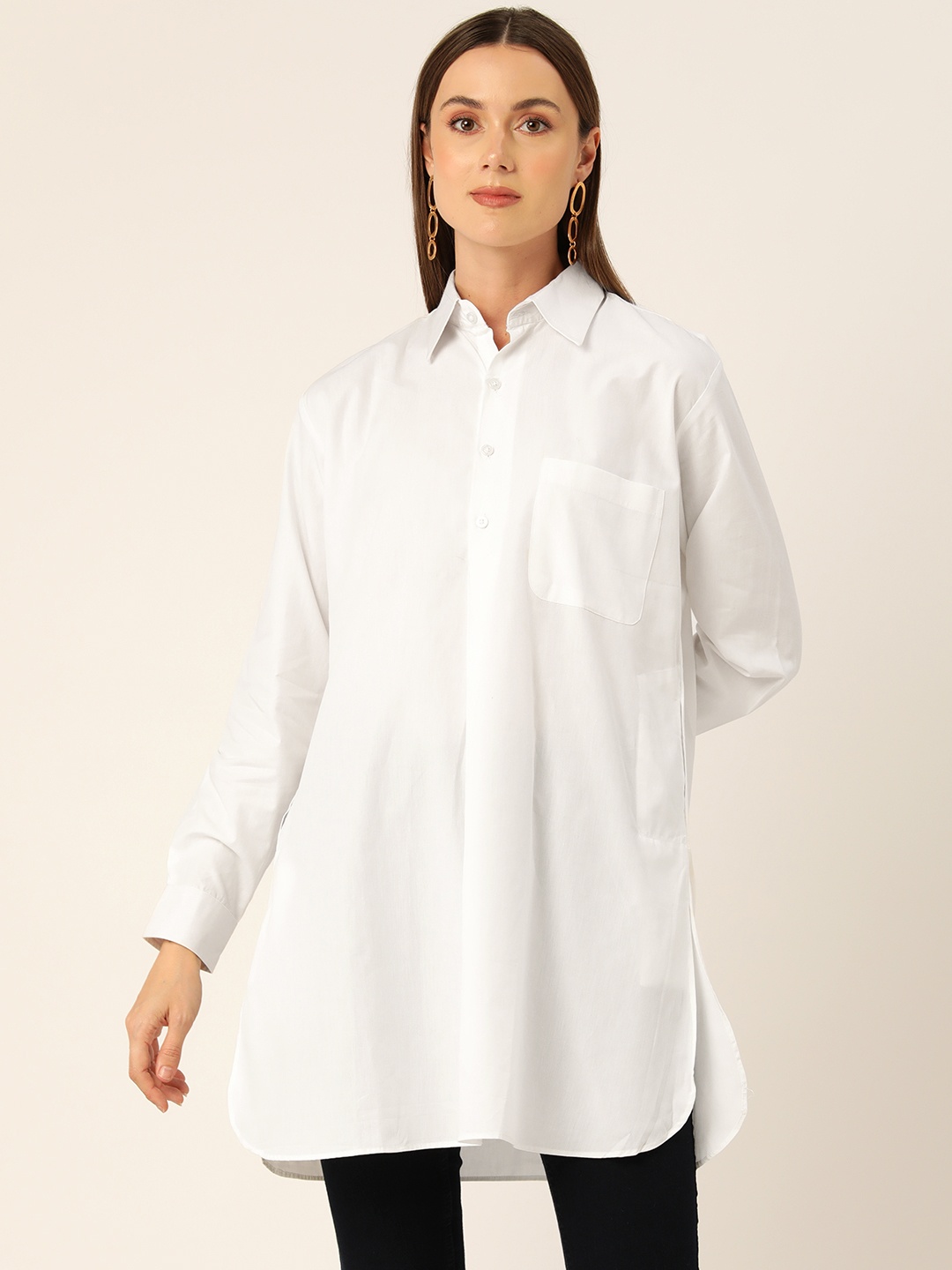 

Molcha Shirt Collar Pure Cotton Pathani Kurti, White