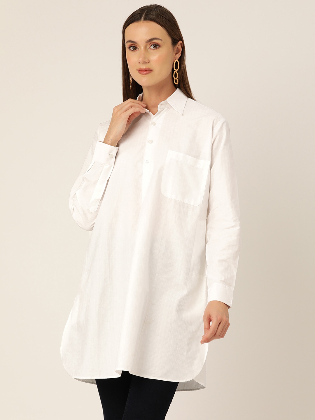 

Molcha Women Solid Shirt Collar Pure Cotton Pathani Kurti, White