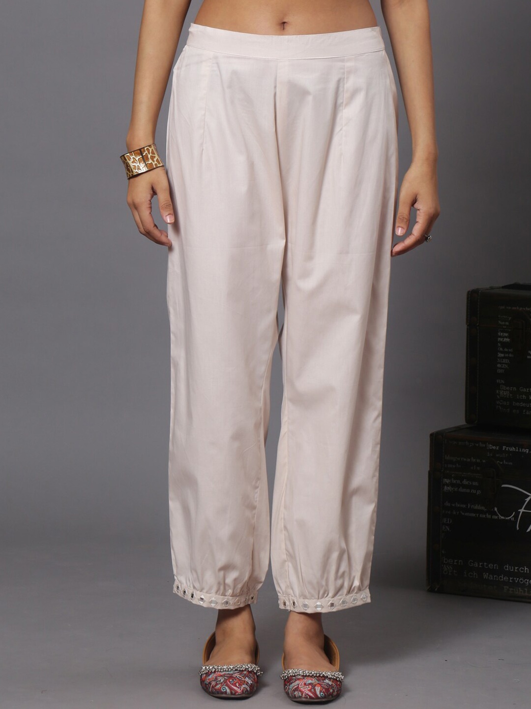 

Spring Soul Women Straight Fit Mirror Work Cotton Ethnic Palazzos, Off white