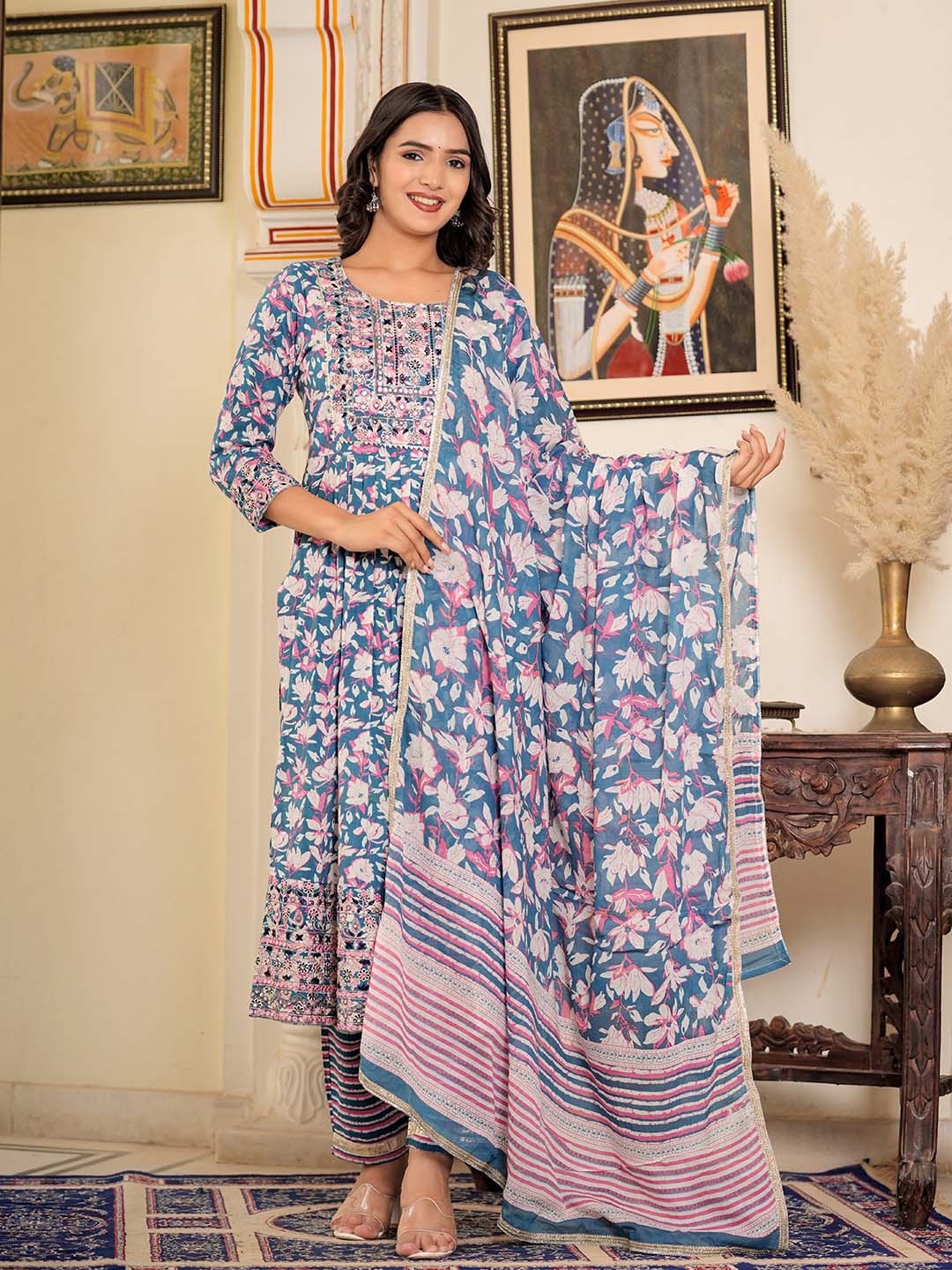 

KALINI Floral Printed Mirror Work Pure Cotton Kurta With Trousers & Dupatta, Blue