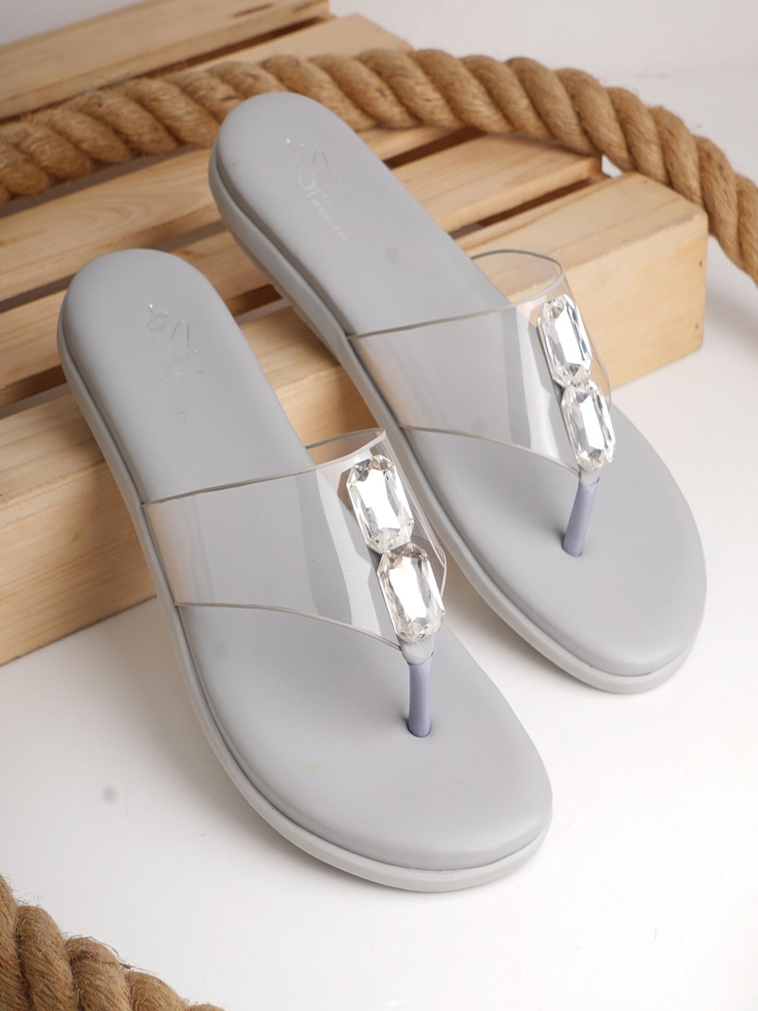 

THE WHITE POLE Embellished Open Toe Flats, Grey