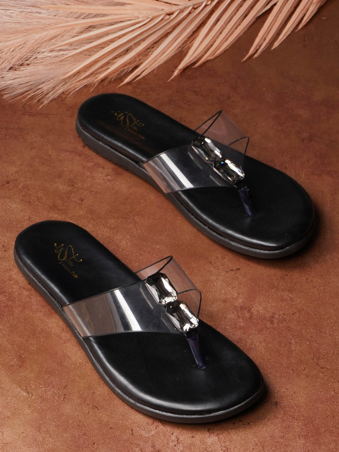 

THE WHITE POLE Embellished Open Toe Flats, Black