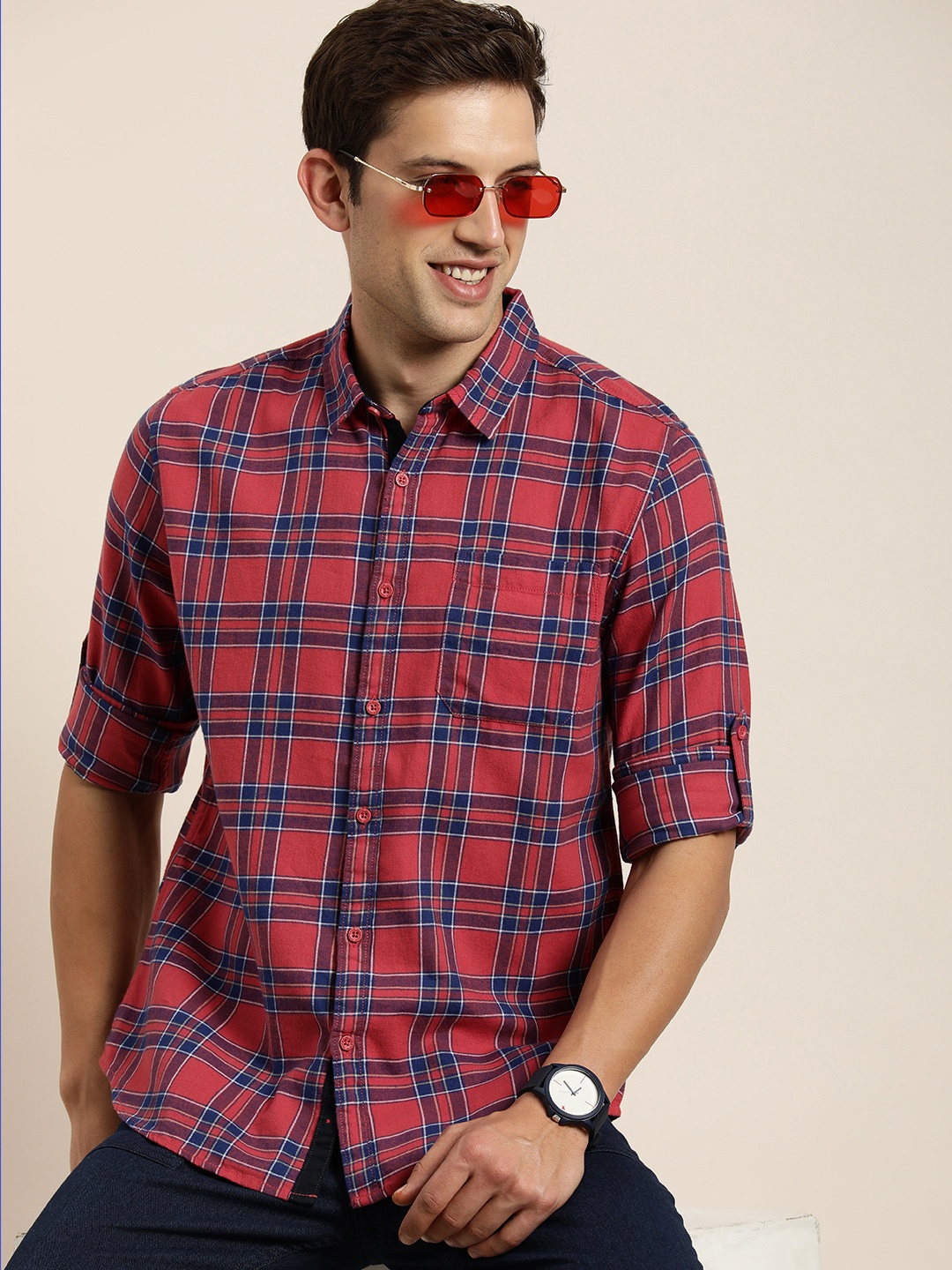 

HERE&NOW Men Slim Fit Checked Casual Shirt, Red