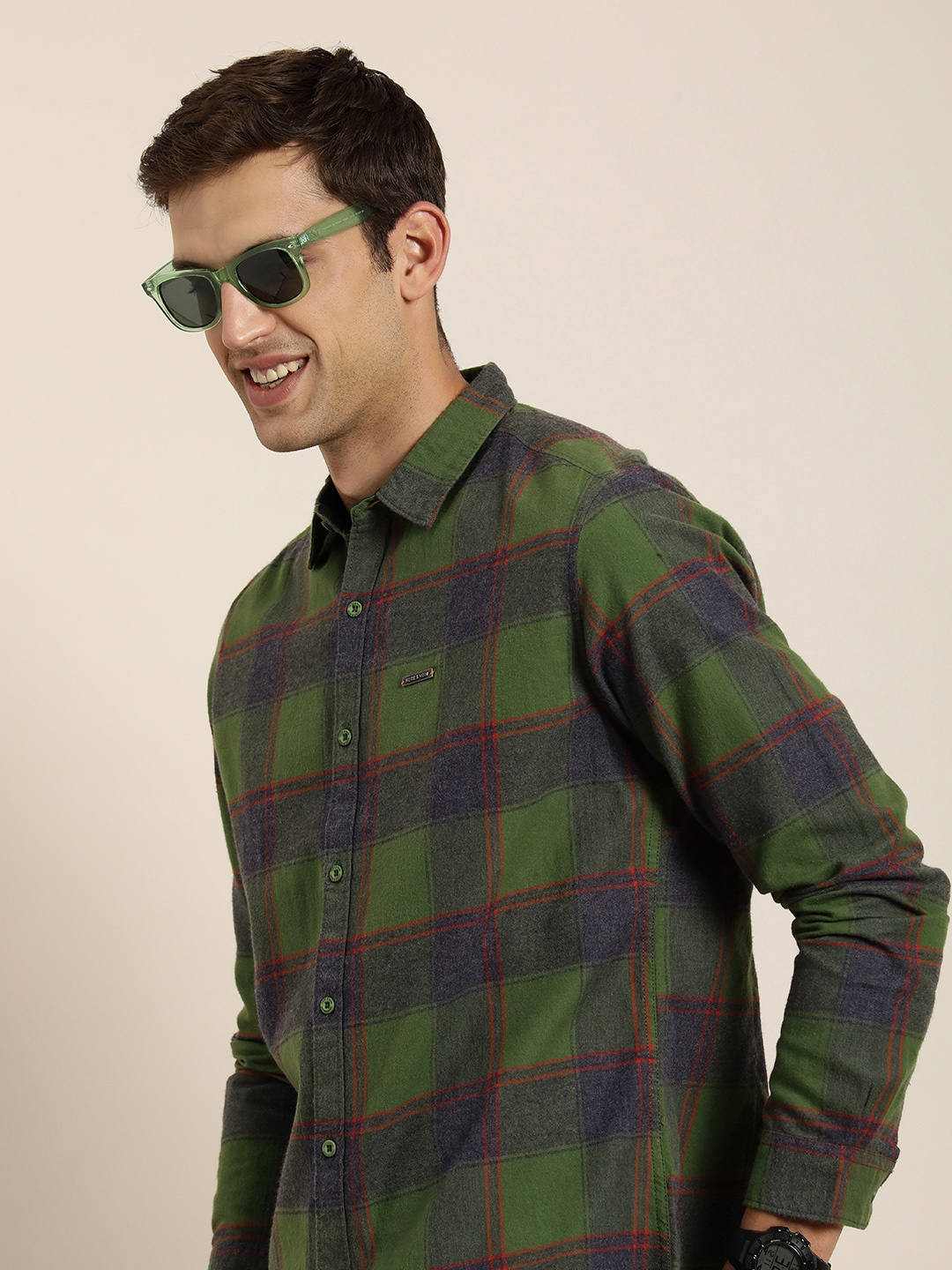 

HERE&NOW Men Slim Fit Checked Casual Shirt, Green