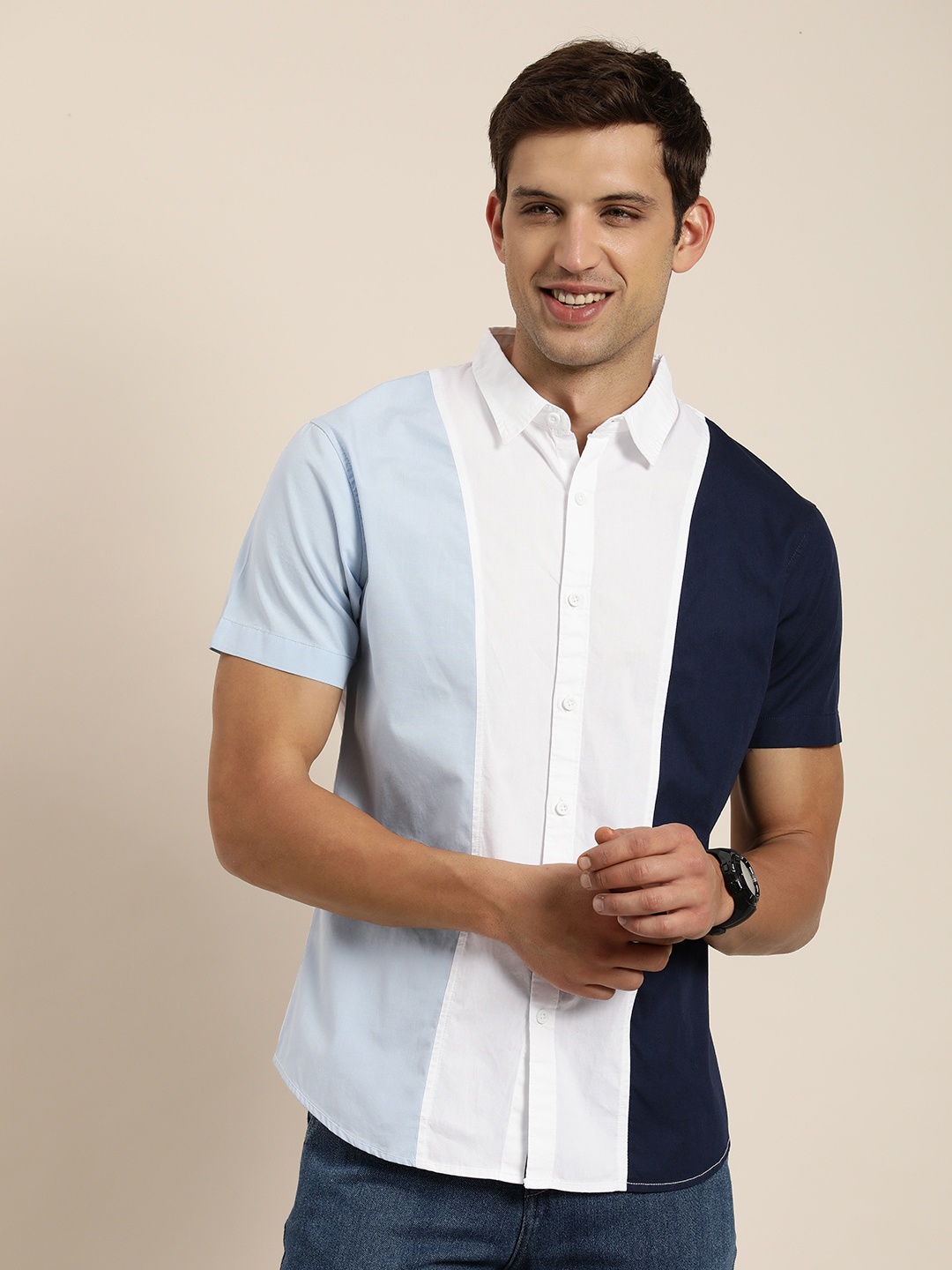 

HERE&NOW Men Slim Fit Colourblocked Casual Shirt, White